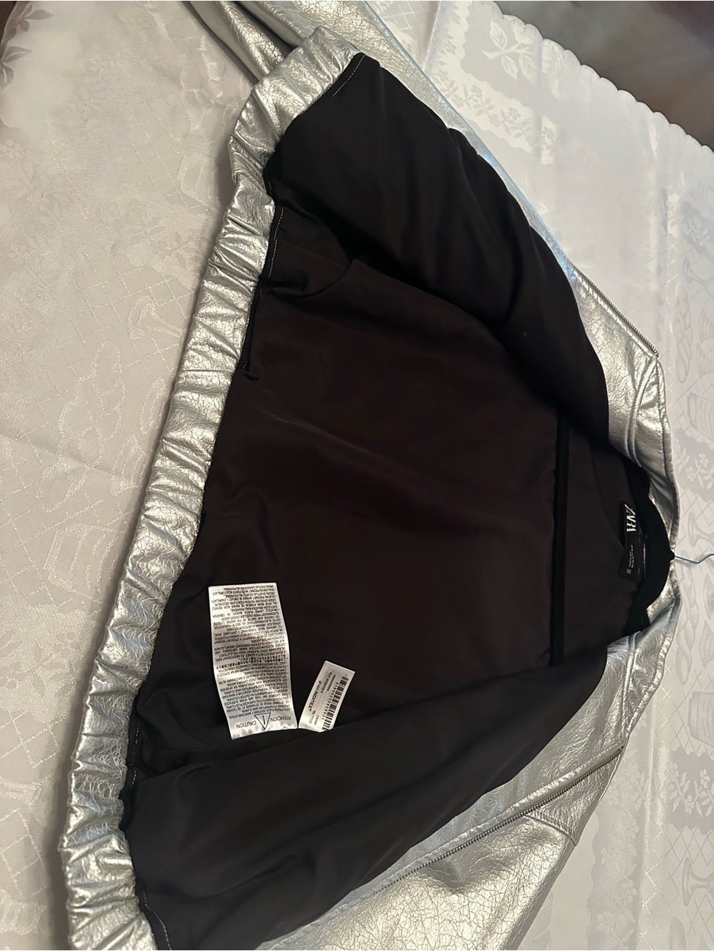 ZARA SILVER Effect Metallic Glossy Faux Leather Zip Boxy Cropped Bomber Jacket - Picture 7 of 7